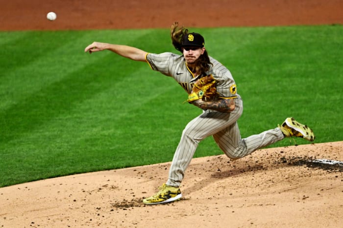 Padres righthander Mike Clevinger pitches against the Phillies in Game 4 of the NLCS.
